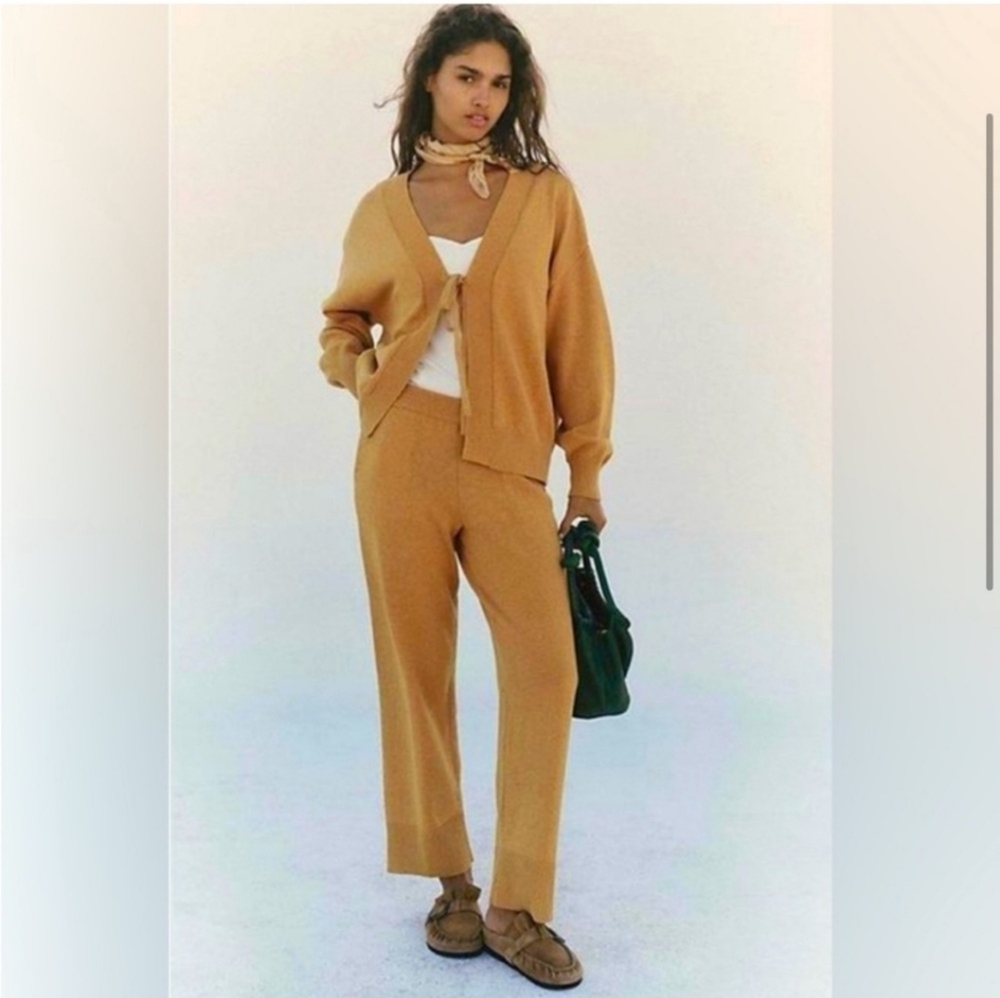 FREE PEOPLE Solar Coordinating Knit Sweater Pant Set In Heathered Gold S NEW